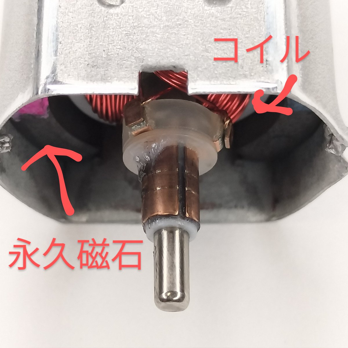 缶の内側に貼られた永久磁石と、コイルを巻いたローター